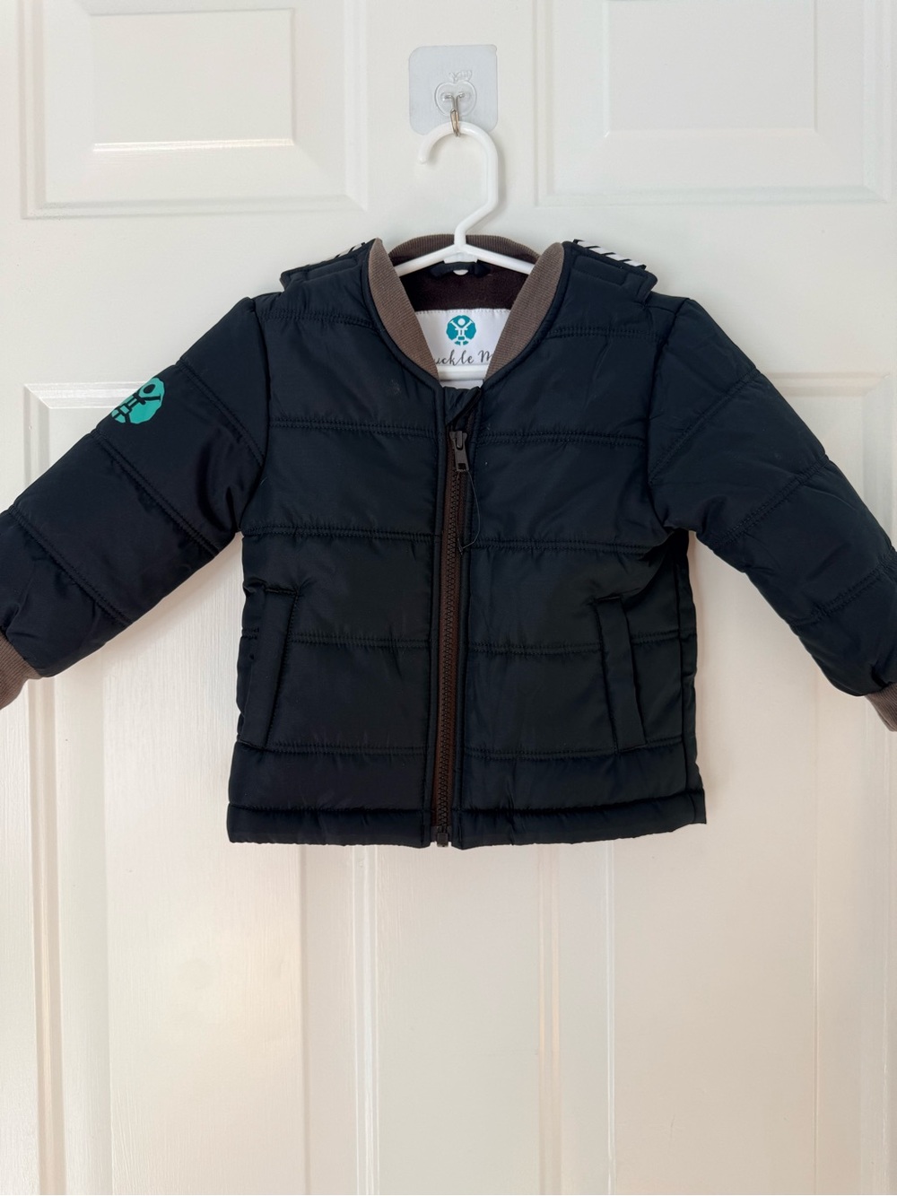 Buckle Black Puffer Jacket with Brown Trim